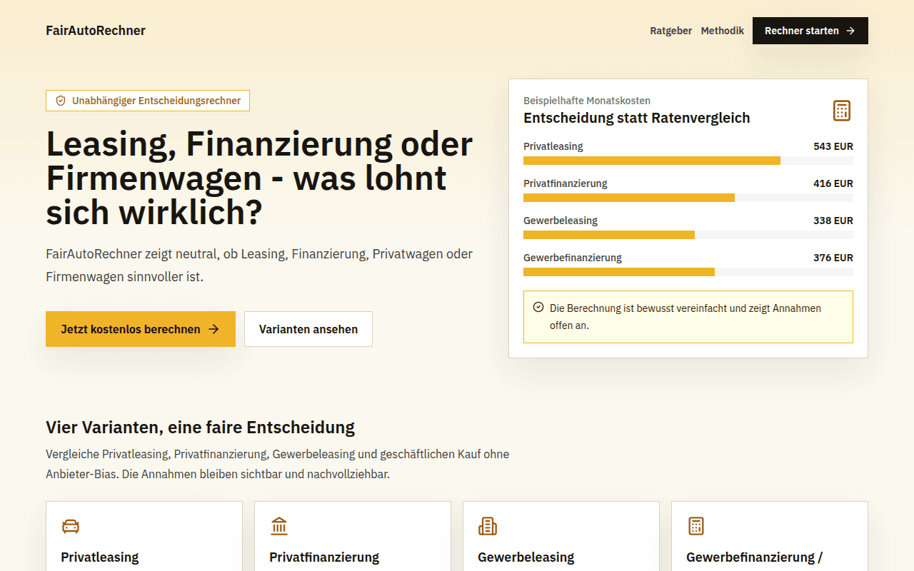 AutoRechner-Startseite mit beispielhaften Monatskosten für Leasing, Finanzierung und Firmenwagen im Vergleich.
