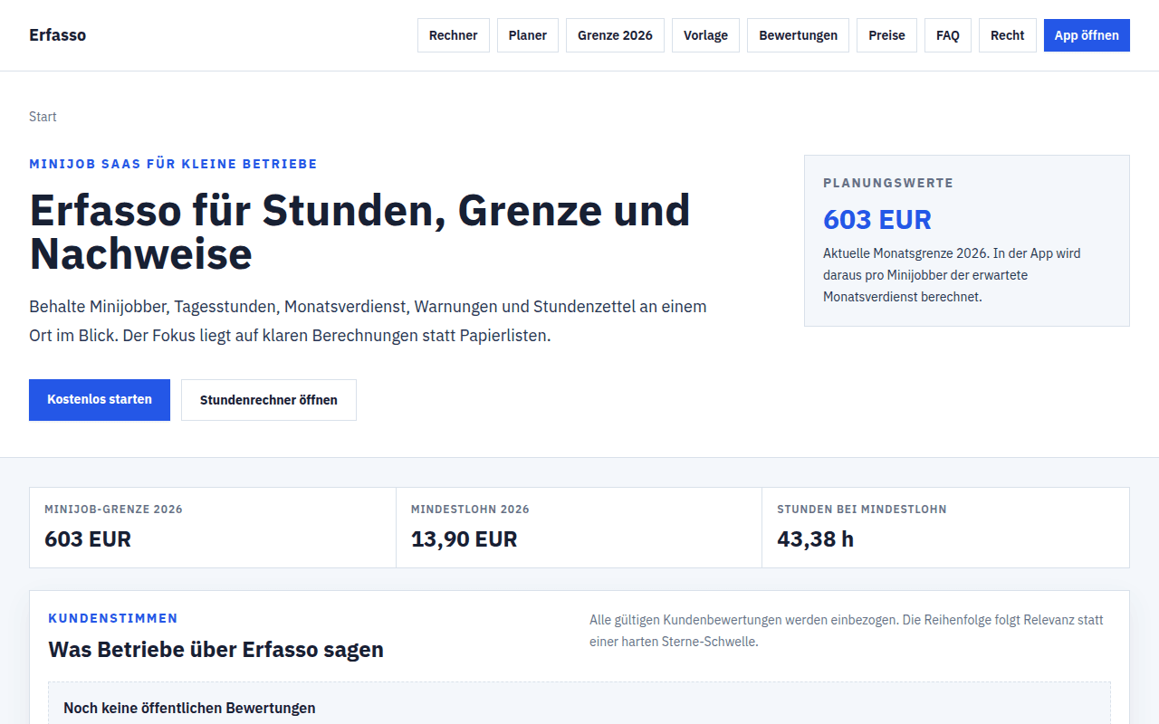 Erfasso-Startseite mit Planungswerten: Minijob-Grenze, Mindestlohn und Stundenübersicht 2026.