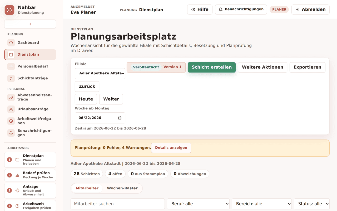 Nahbar Mitarbeiterportal – Dienstplan mit Demo-Daten: Wochenansicht mit Schichten, Besetzung und Planprüfung.
