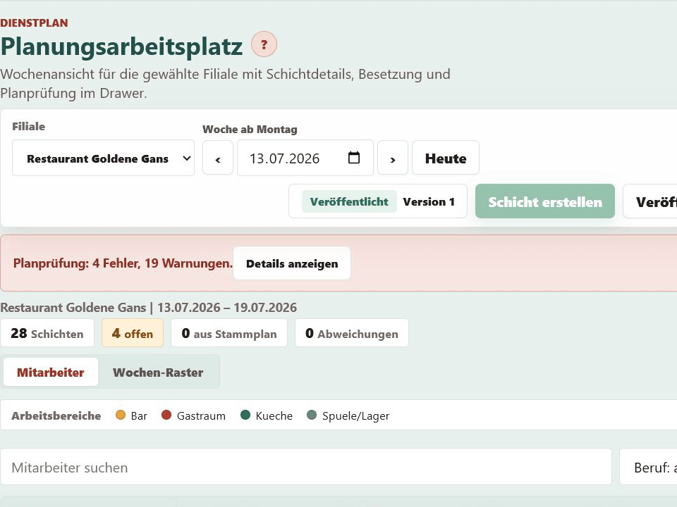 Nahbar Gastronomie-Dienstplan mit farbcodierten Bereichen für Gastraum, Küche, Bar und Lager.